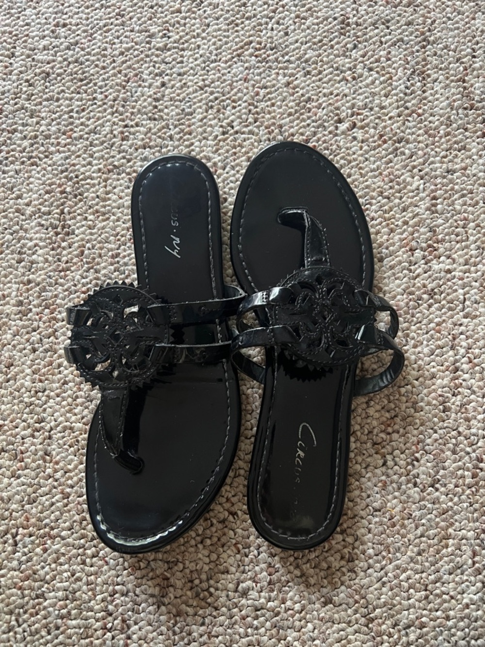 Circus by Sam Edelman Black Patent Leather Decorative Medallion Slide Sandals
